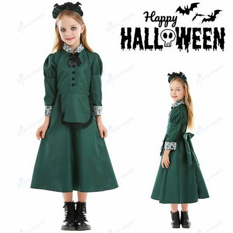メイド服 ロング 子供用 キッズ 洋館メイド 吸血鬼 魔女 ハロウイン衣装 メイド ロング丈 コウモリ 変装 宮廷装 コスチューム お姫様 ロングワンピース 洋風 演出服 Halloween衣装 仮装 コスプレ衣装 子供 パーティー イベント 文化祭 学