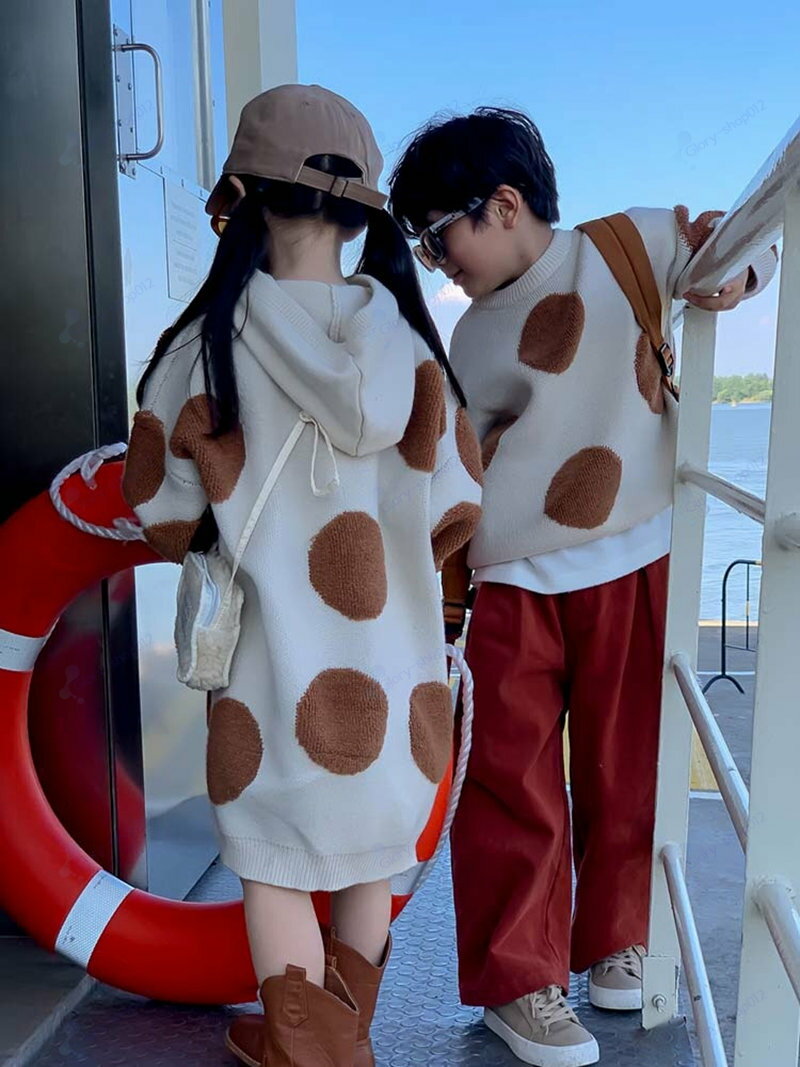兄妹お揃い セーター ニット 男の子 かわいい 女の子 ドット柄 長袖 ベージュ ブラ...