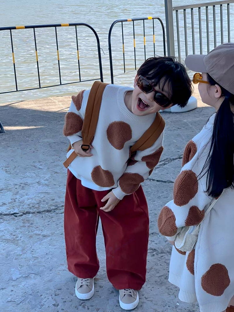兄妹お揃い セーター ニット 男の子 かわいい 女の子 ドット柄 長袖 ベージュ ブラ...