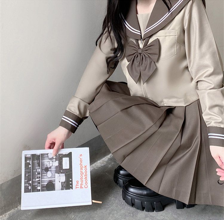 【送料無料】制服 セット セーラー襟 女子高生 コスプレ なんちゃって制服 セーラー服 コーヒー色 上下セット 長袖 リボン 春 花見 入学式 卒業式 ブラウス スカート スーツ プリーツスカート レディース フォーマル 卒服 ピアノ発表会 女子制服 お受験 撮影 JK 上下セット販