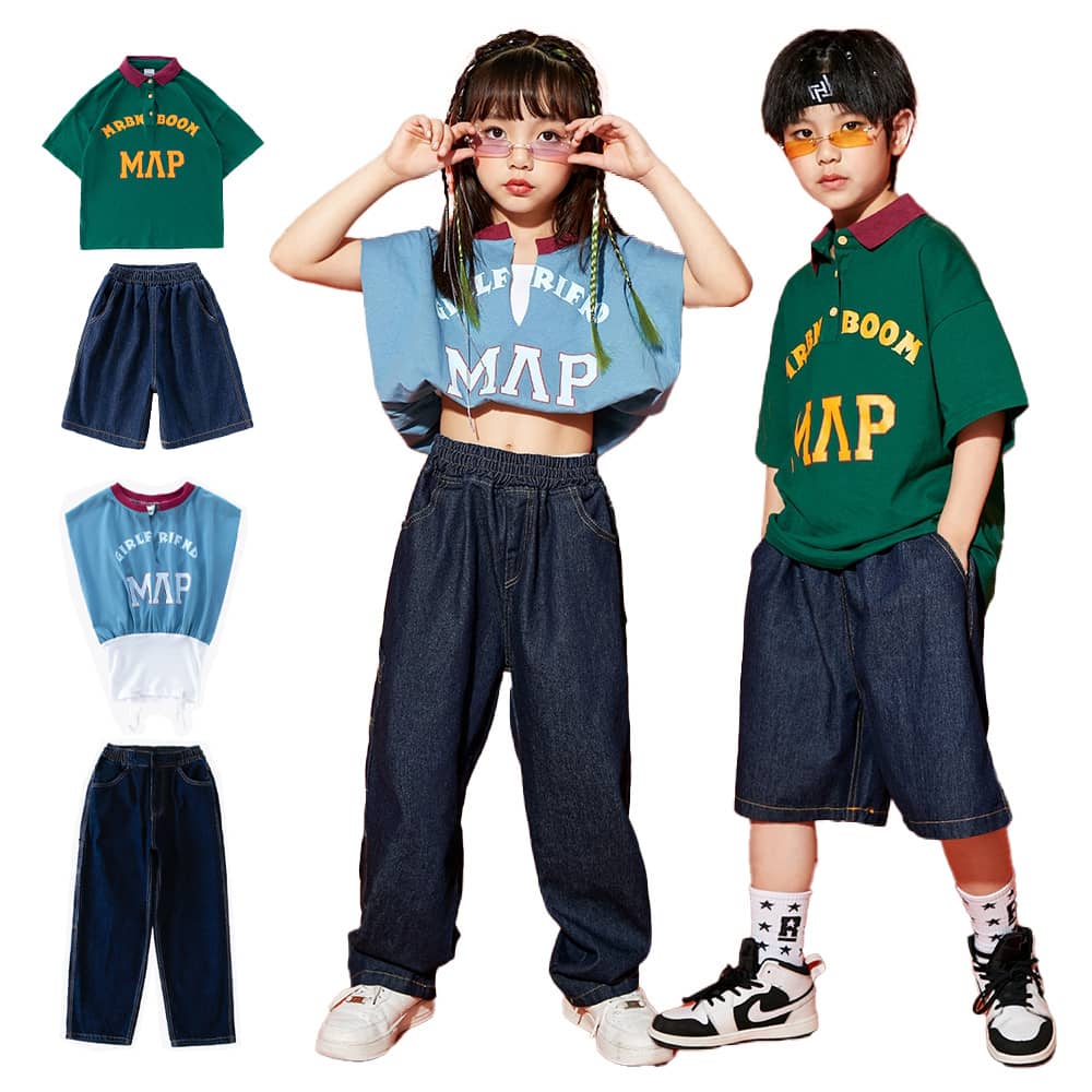 【送料無料】 キッズ ダンス衣装 HIPHOP 半袖 ポロシャツ ジーパン 子供服 キッズダンス 女の子 男の子 デニムパンツ 2点セット 夏用 演出服 イベント服 発表会 110-180cm