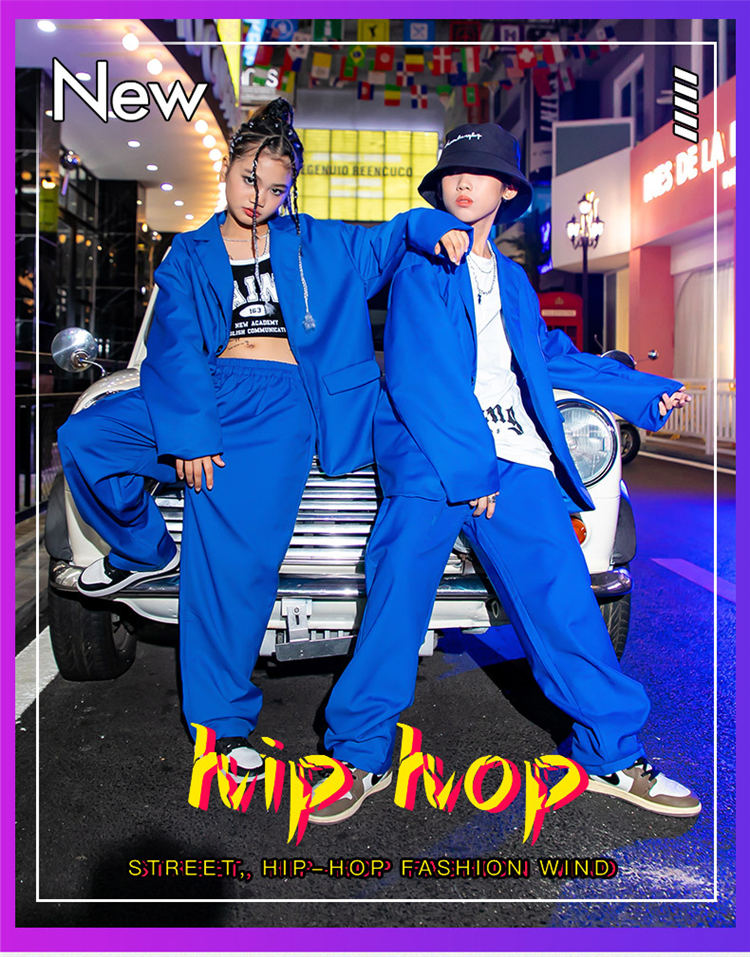 【送料無料】ブルー スーツセット キッズ ダンス衣装 セットアップ スーツ ジャケット 女の子 男の子 ジャズ コート k-pop ヒップホップ