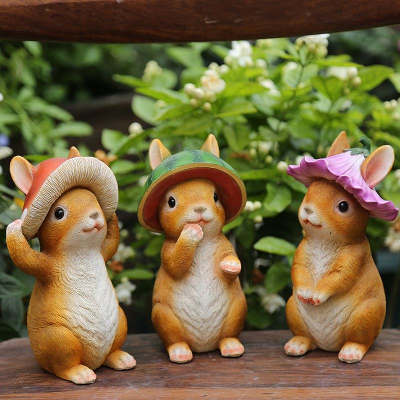 【送料無料】 ユニーク (スイカ、キノコ、花の3個セット) 植物の帽子をかぶったウサギ ガーデンオブジェ 置物