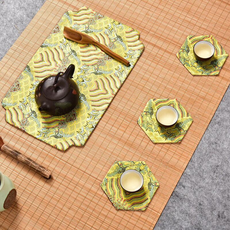 【送料無料】 茶托 養壺敷 中国茶器用 角型 伝統的な波柄 布製 4点セット (イエロー)