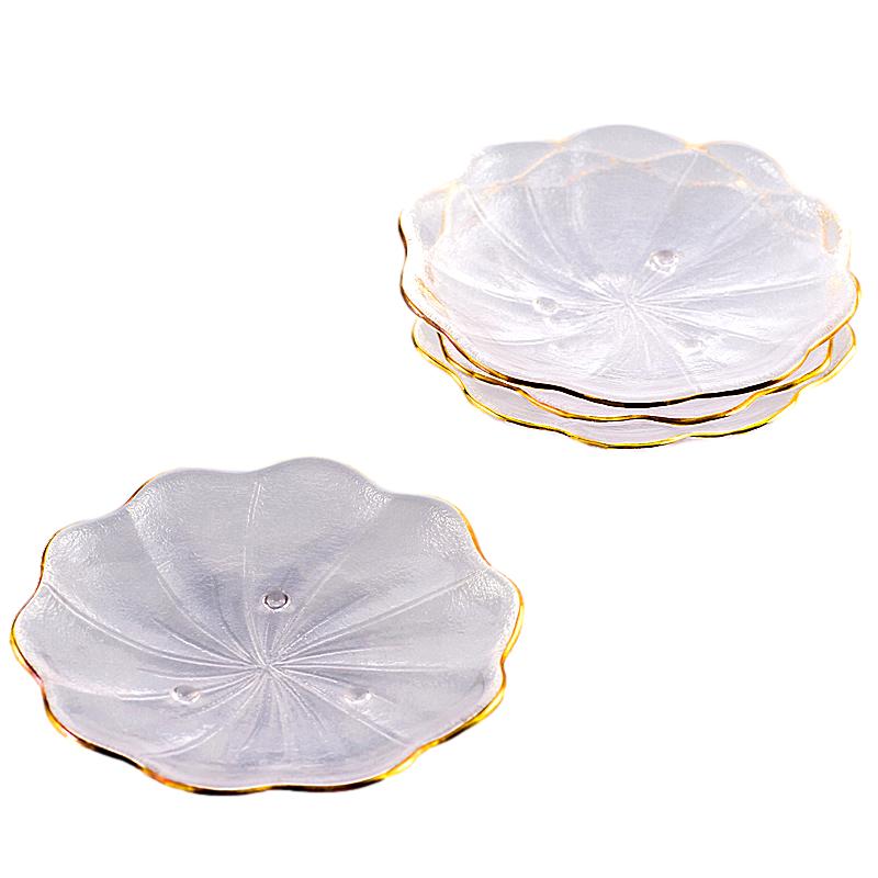 【送料無料】 茶托 コースター 蓮のモチーフ 金色の縁取り シンプル ガラス製 5枚セット (朝露の蓮の葉)