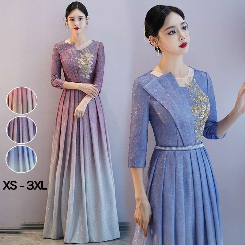 パーティードレス 秋冬 七分袖 グラデーション ロングドレス 大きいサイズ ブルー ピンク パープル 発表会 スデージ 演奏会 二次会グローリーパーク