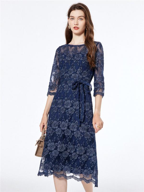 刺繍 パーティードレス 総レースドレス 濃紺 ワンピース ミモレ丈 ドレス 五分袖 結婚式 二次会 演奏会 ダークブルー ミディ丈ドレス 膝下丈 袖あり 袖付き 花柄レース ディナー 大きいサイズ 大人 上品30代 40代 50代
