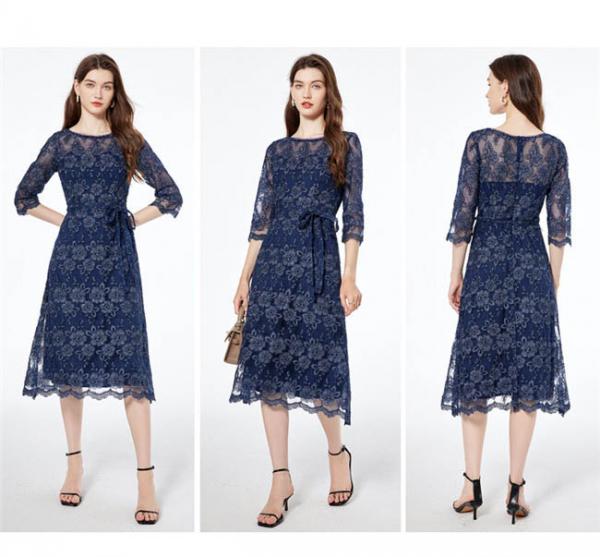 刺繍 パーティードレス 総レースドレス 濃紺 ワンピース ミモレ丈 ドレス 五分袖 結婚式 二次会 演奏会 ダークブルー ミディ丈ドレス 膝下丈 袖あり 袖付き 花柄レース ディナー 大きいサイズ 大人 上品30代 40代 50代