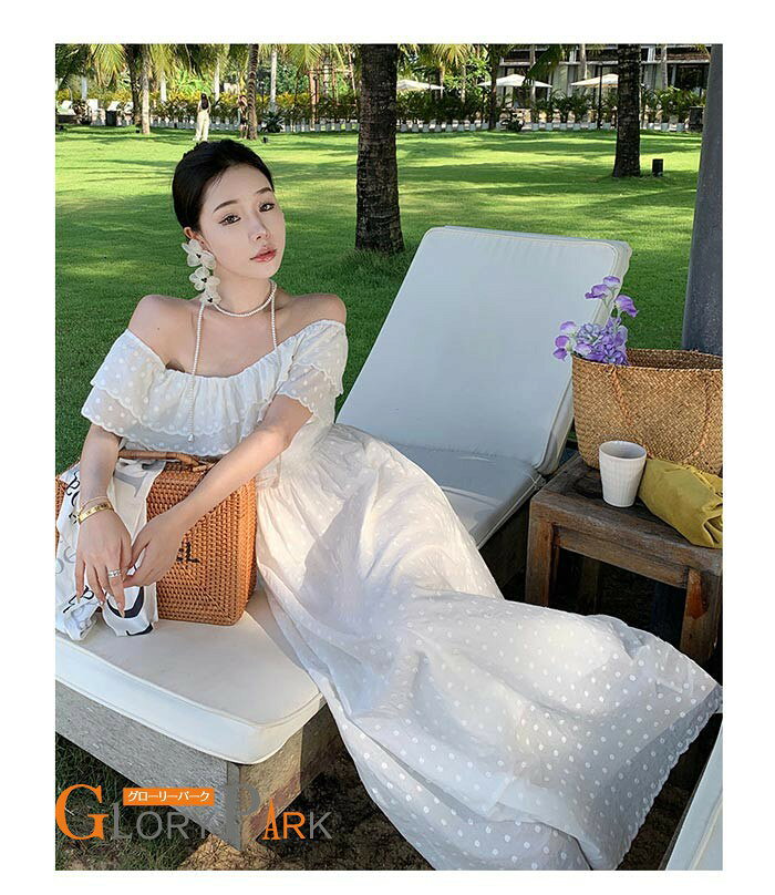 オフショルワンピース レディース 夏 マキシ丈 ロングワンピ 白 フリル シフォン ドット柄 海辺 リゾート 大人可愛い カジュアル パーティ おしゃれ 春夏 S M L LL glorypark-10026440 パーティードレス通販 GloryPark サンプル画像3