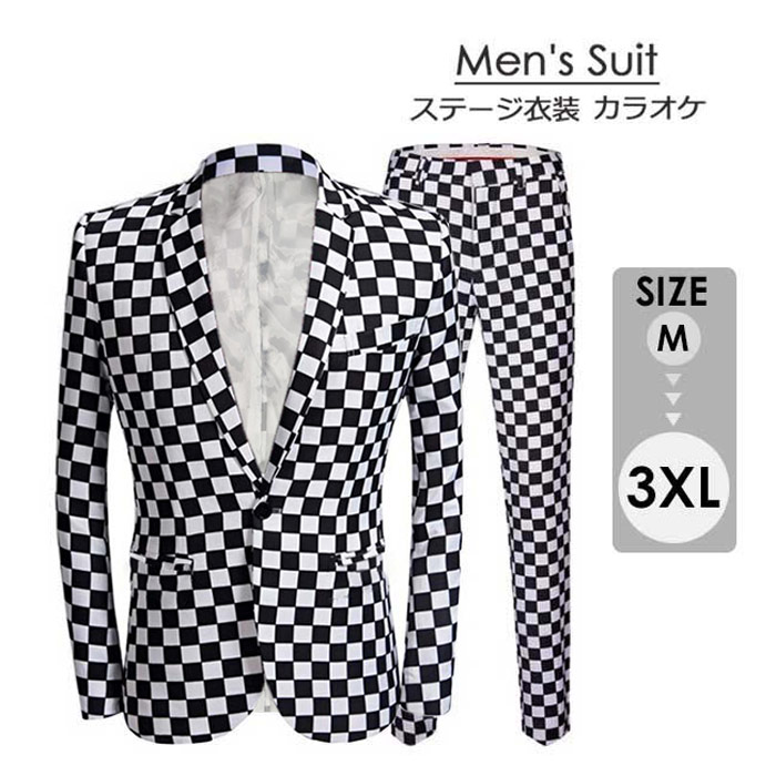 ステージ衣装 メンズ スーツ 上下2点セット 男性用 黒白 市松模様 格子柄 パンツスーツ 忘年会 新年会 ダンス衣装 カラオケ 舞台衣装 記念撮影 ハロウィン 衣装グローリーパーク