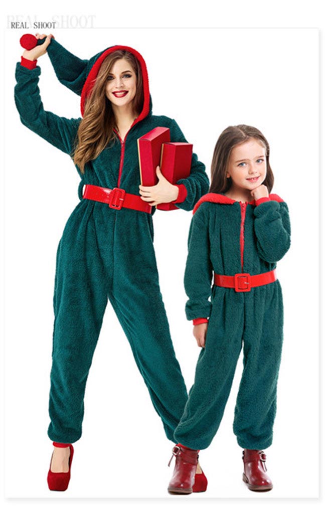 パーティードレス通販 GloryParkのクリスマス 緑 オールインワン パジャマ フード付き 大人 子ども レッド サンタ コスプレ レディース ふわふわグローリーパーク｜アングル2