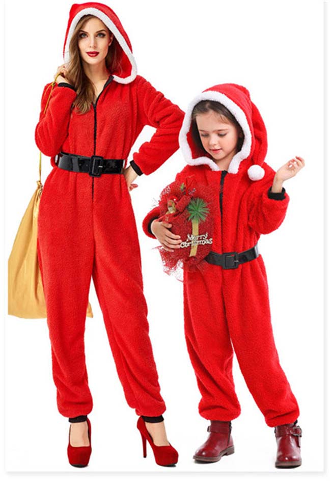 パーティードレス通販 GloryParkのクリスマス 緑 オールインワン パジャマ フード付き 大人 子ども レッド サンタ コスプレ レディース ふわふわグローリーパーク｜アングル3