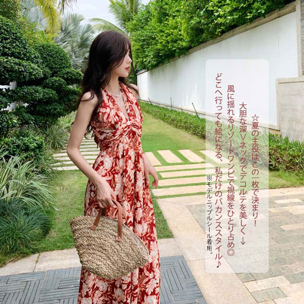 背中 開き ワンピース リゾートワンピ ハワイ 花柄 深Vネック リゾートワンピース ...