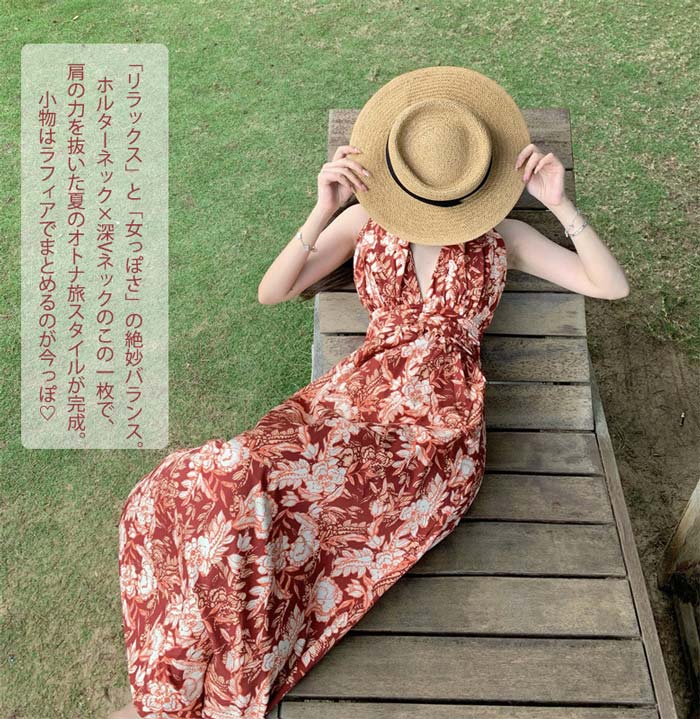 背中 開き ワンピース リゾートワンピ ハワイ 花柄 深Vネック リゾートワンピース ...