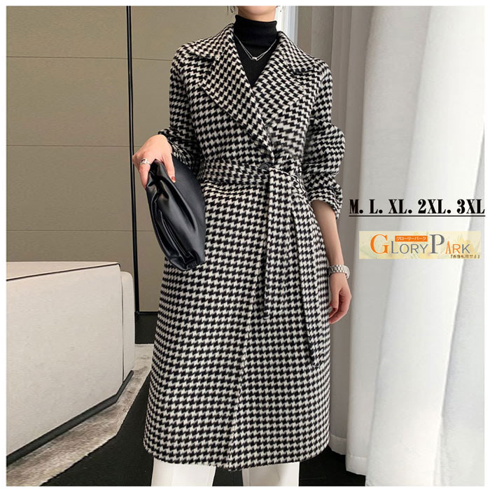樂天商城 - チェスターコート チェック柄 レディース 千鳥格子 ロングコート コクーンコート ドロップショルダー ロングチェスターコート 超ロング アウター 暖かい きれいめ 大人可愛い 体型カバー コート 韓国 黒 ブラック M L 2L 3L 4Lグローリーパーク