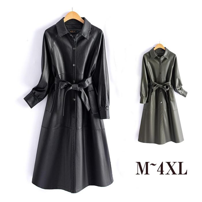 樂天商城 - PU フェイクレザート レザージャケット ロングジャケット スプリングコート 革ジャン アウター ロングコート カジュアル ベルト付き 着やせ 防風 シンプル 春秋 お洒落 グリーン ブラック M-4XLグローリーパーク