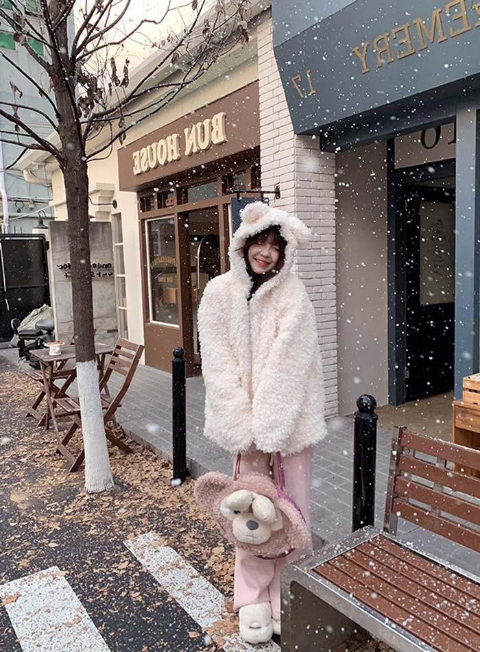 パーカー ふわふわパーカー アニマル 大きいサイズ かわいい 熊耳パーカー クマ耳パーカージャケット アイボリーM L 2L