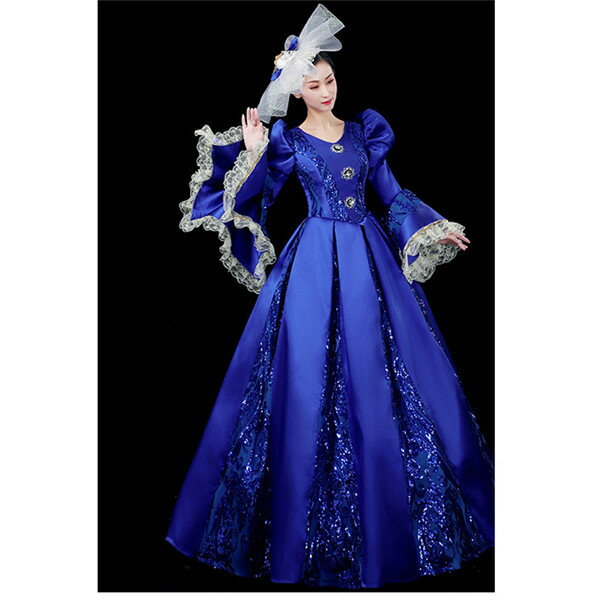 中世ヨーロッパ貴族 ロココ ドレス 貴族 お姫様ドレス プリンセスライン 貴婦人 貴族 服 プリンセスライン 学園祭 紺色 文化祭 舞踏会 S/M/L d9280c0c0d4