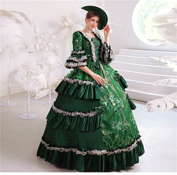 華麗な 宮廷ドレス ドレス レディース ロングドレス 緑 ロココ 貴族ドレス 18世紀 中世ヨーロッパ お姫様 プリンセスドレス サイズ指定OK 西洋ドレス ステージ衣装 貴婦人 オペラ ワンピース