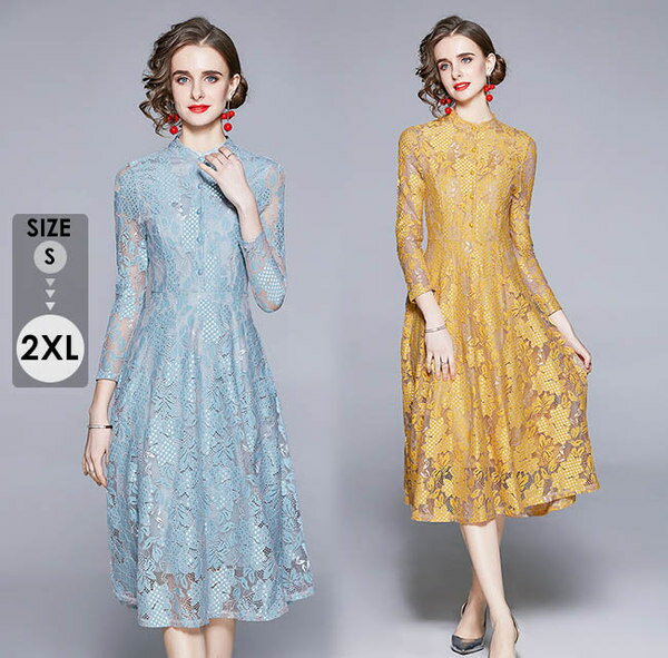 パーティードレス ミモレ丈 総レース 袖あり 詰襟 結婚式 ワンピース イエロー ブルー 大きいサイズ 入園式 二次会 謝恩会 同窓会 服装 発表会 大人 フォーマル 20代 30代 40代 50代 S/M/L/XL/2XLグローリーパーク