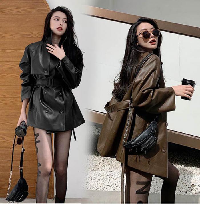 PU フェイクレザート ライダースジャケット レ ベルト付き ザージャケット スプリングコート 革ジャン アウター レディース コート 春アウター カジュアル ジャケット 着やせ 防風 シンプル 高品質 春秋 お洒落 コーヒー ブラックグローリーパーク