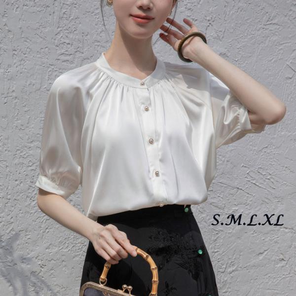 3-Quarter Sleeves - 無地 シャツ レディース トップス 五分袖 韓国 ゆったり ブラウスシャツ オフィス カジュアル OL 上品 大人 S M L XL 2XL 30代 40代グローリーパーク