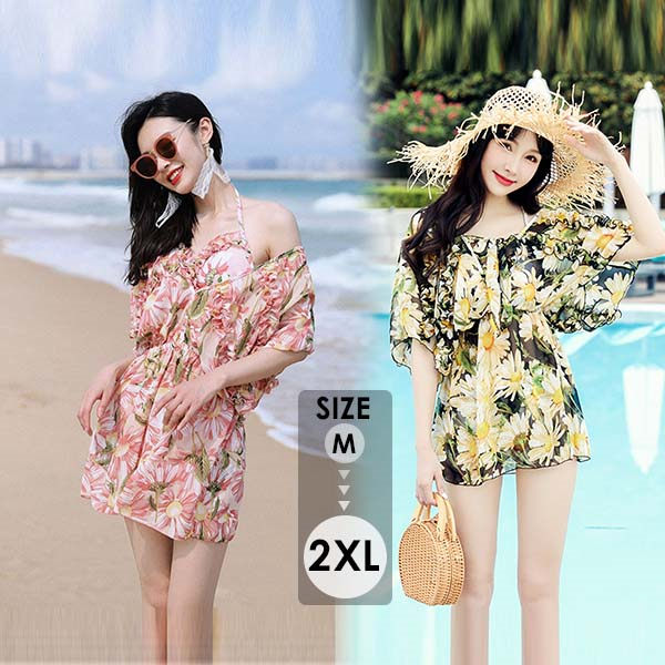 樂天商城 - ワンピース水着 ワンピース ワンピ レディース 水着 体型カバー 花柄 小柄 海 温泉 おしゃれ 袖あり 半袖 ぽわん袖 リゾート 旅行 ガーリー 大人 可愛い 韓国風 女性用 ピンク グリーン　M L 2L 3Lグローリーパーク