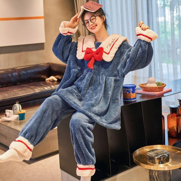 レディース 冬 ルームウェア ナイトガウン ワンピース あったか もこもこ リボン 上下セット 可愛い パジャマ ネイビー コート 部屋着 寝間着 M L XL