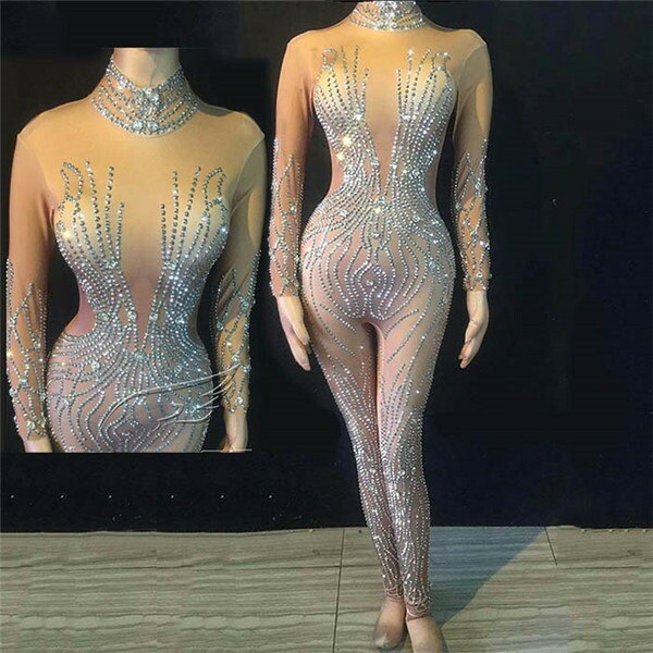 エキゾチックダンスウェア レオタード 着ぐるみ クリスタル ラインストーン 女性用 性能 長袖 スパンデックス ナイトクラブジャンプスーツ