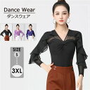 バレエ練習着 大人用 トップス レディース 社交ダンス ダンスウェア Vネック ラテン ダンストップス 長袖 フリル ラバティンカラー 女性 競技着 モダン ダンス衣装 上着 ダンス 社交 練習着 ワルツ チャチャチャ レッスン着 ステージ 衣装 演出着