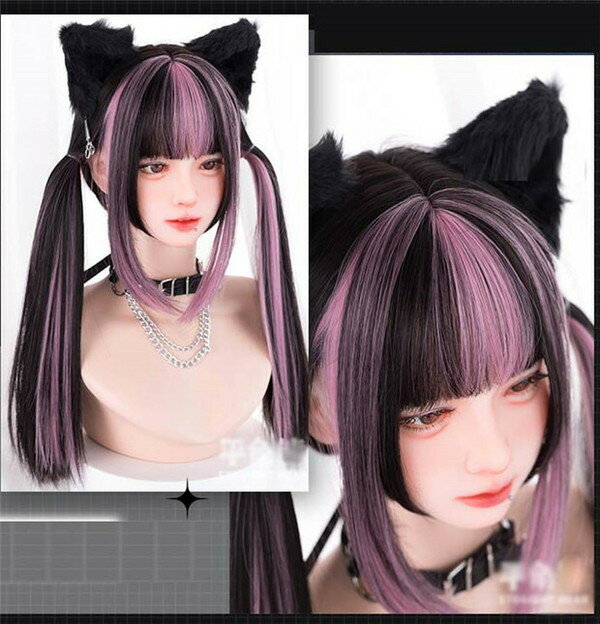 ロングウィッグ ハイライト パープル ウィッグ ロング エクウイッグ かつら 女性 レディース ギャル (高熱糸) フルウイッグ 前髪 女装 耐熱 自然 通気 小顔効果 目力を倍増させる