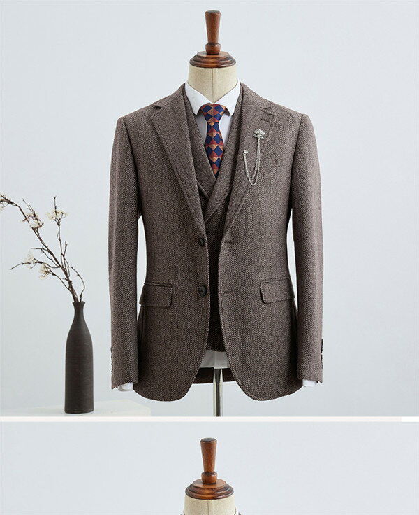 1ボタン スリムスーツ ビジネススーツ ウール メンズスーツ 紳士服 suit ベスト付き 3点セット メンズ大きいサイズおしゃれスーツ 結婚式 ブラウン S/M/L/XL/2XL/3XL