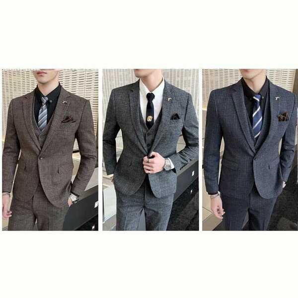 チェック柄スーツ ビジネススーツ シングル メンズスーツ 紳士服 suit メンズ 大きいサイズ おしゃれスーツ 春 夏 細身 結婚式 オシャレ おしゃれスーツ お洒落 韓国 グレー ブラウン ブルー