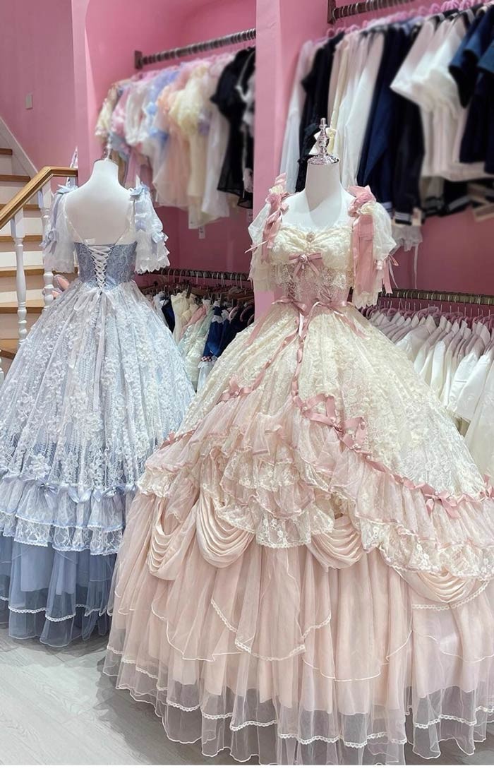 ロリータ ドレス水色 M アリス風 フリル レース 楽天市場】ロリータ ドレス（カラーブルー）（レディース
