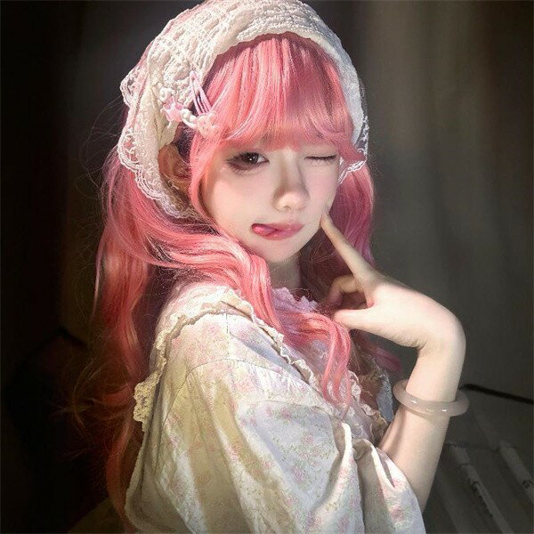 ウィッグ ロング カール ウェーブ 巻き髪 ピンク 前髪ぱっつん フルウィッグ ロングウィッグ 可愛い コスレ ロリータ ゴスロリ 原宿 レディース コスチュー...