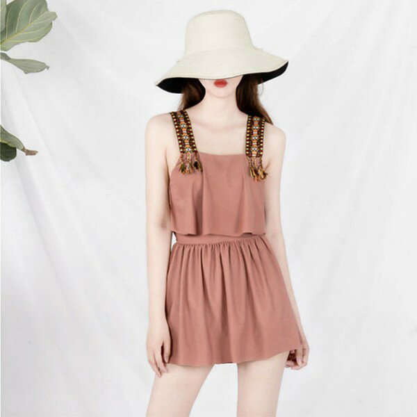 水着 韓国 レディース 2点セット ワンピース水着 ショートパンツ付き 体型カバー キャミソール 露出控えめ シンプル バックリボン 盛れる 温泉 ビーチ プール 海 水泳 大人可愛い 韓国風 痩せみえ