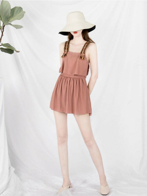 水着 韓国 レディース 2点セット ワンピース水着 ショートパンツ付き 体型カバー キャミソール 露出控えめ シンプル バックリボン 盛れる 温泉 ビーチ プール 海 水泳 大人可愛い 韓国風 痩せみえ