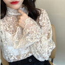 トップス レーストップス 袖あり 長袖 チュール フラワー 透け感 セクシー レース インナー 韓国風 シースルー 可愛い M L XL 2XL かわいい ハイネック ブラウス 秋 冬 春 オフィス 通勤 20代 30代 40代 ママ 母 OL 長袖シャツ ホワイト アイボリー