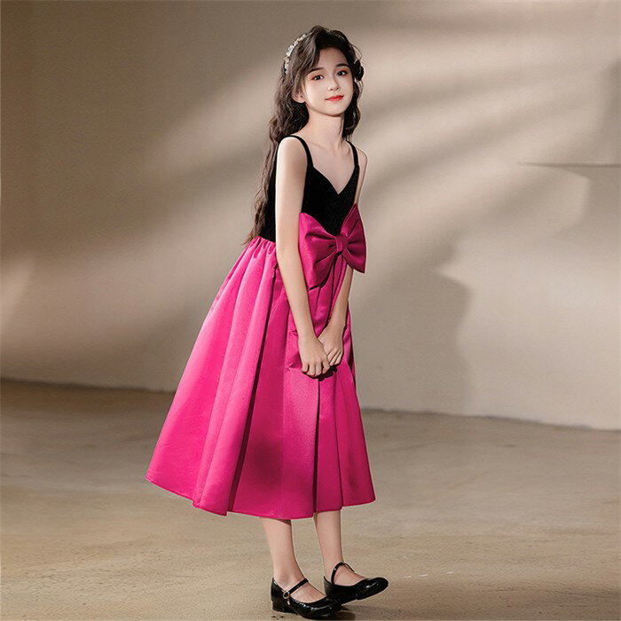 ピアノ発表会 ドレス 子供 女の子 レッド リボン ミモレ丈 発表会ドレス キャミソール ノースリーブ 子ども ワンピース お祝い日 演奏会 音楽会 フォーマル 誕生日 撮影 パーティー ジュニア キッズ 可愛い 七五三 結婚式 卒業式 入学式