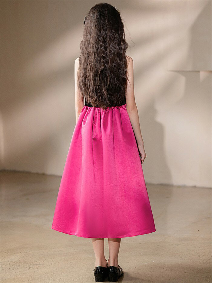 ピアノ発表会 ドレス 子供 女の子 レッド リボン ミモレ丈 発表会ドレス キャミソール ノースリーブ 子ども ワンピース お祝い日 演奏会 音楽会 フォーマル 誕生日 撮影 パーティー ジュニア キッズ 可愛い 七五三 結婚式 卒業式 入学式