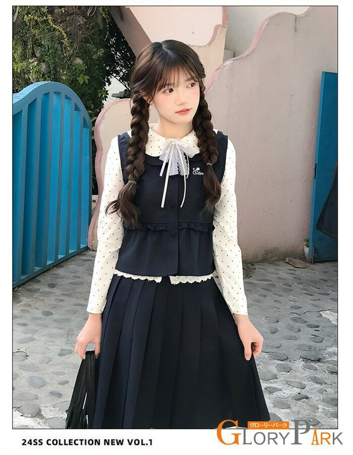 スカート丈選択可 学生制服 セーラー服 レディース 3点セット ブラウス ベスト プリーツスカート スカート丈選択可 長袖 ドット柄 学園風 清楚 通学 発表会 仮装 コスプレ 黒 ブラック SS S M L LL 3L