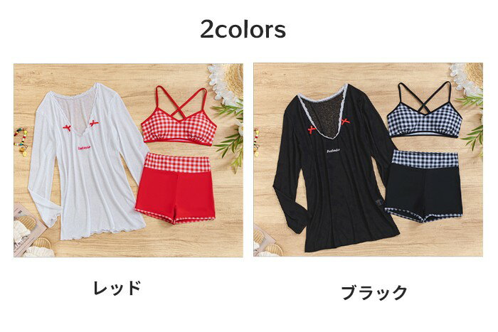 水着 レディース チェック柄 ビキニ タンキニ 大きいサイズ L-6L ぽっちゃり 20代 30代 3点セット 体型カバー水着 長袖 トップス ブラック レッド ノンワイヤー セパレート 大人 可愛い 二の腕 お尻 太もも セクシー カバーアップ 羽織り ブラック/レッド