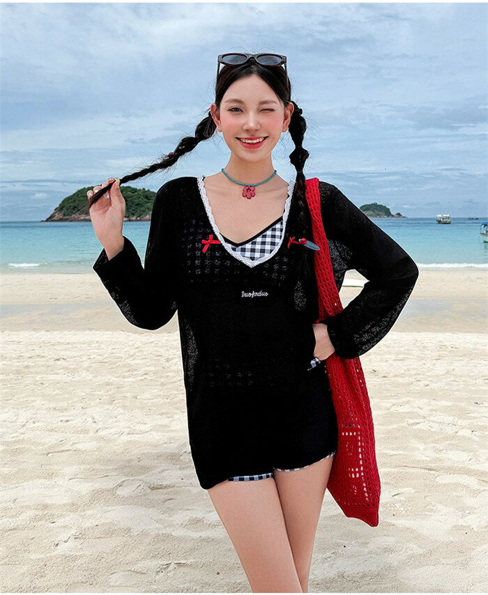 水着 レディース チェック柄 ビキニ タンキニ 大きいサイズ L-6L ぽっちゃり 20代 30代 3点セット 体型カバー水着 長袖 トップス ブラック レッド ノンワイヤー セパレート 大人 可愛い 二の腕 お尻 太もも セクシー カバーアップ 羽織り ブラック/レッド