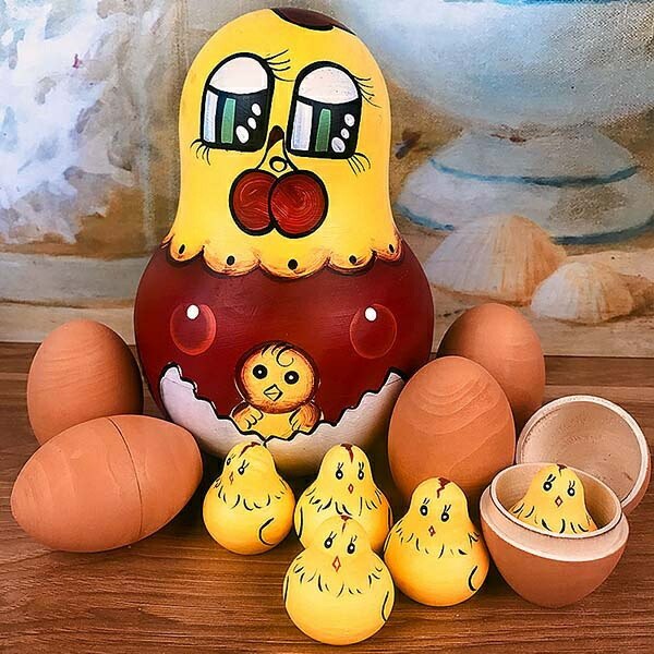 ロシア民芸品 マトリョーシカ 土産物 手作り人形 手描き 動物 にわとり たまご 家族 オブジェ 6個組 インテリア木製 雑貨 可愛い ギフト プレゼント おもちゃ たまご イエロー レッド 飾り おもしろい 子供部屋 ハロウィン クリスマスのサムネイル