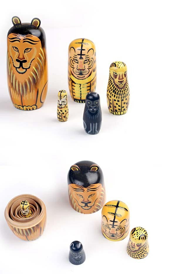 【期間限定！マスクプレゼント中】ロシア民芸品 マトリョーシカ 土産物 手作り人形 手描き 動物 ライオン 虎 ヒョウ柄 オブジェ 木製 5個組 インテリア雑貨 洋風 ギフト 北欧雑貨 伝統工芸 飾り 誕生日 コーヒー ブラック おもしろい 子供部屋 ハロウィン クリスマス