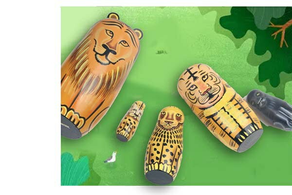 【期間限定！マスクプレゼント中】ロシア民芸品 マトリョーシカ 土産物 手作り人形 手描き 動物 ライオン 虎 ヒョウ柄 オブジェ 木製 5個組 インテリア雑貨 洋風 ギフト 北欧雑貨 伝統工芸 飾り 誕生日 コーヒー ブラック おもしろい 子供部屋 ハロウィン クリスマス