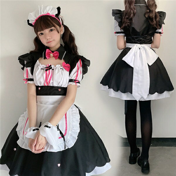 メイド洋服 ロリータワンピース レディース 袖 髪飾り 半袖 ゴスロリ コスプレ メイド服 仮装 変装 写真撮影 メイドコスチューム メイド服 セクシー ドレス 大人用 ウェイトレス 黒