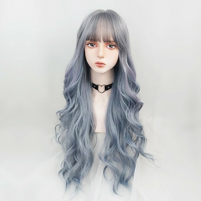 ウィッグ フルウィッグ 長髪 グレー 灰色 ロング 巻き髪 ロングウィッグ ぱっつん前髪 前髪あり ハロウィン 原宿風 かつら コスプレ 可愛い コスチューム ...