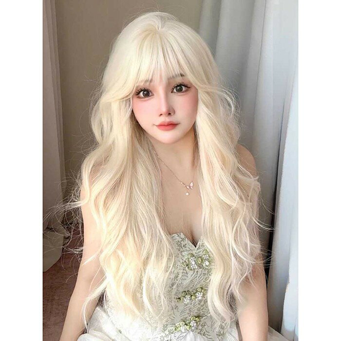 ウィッグ フルウィッグ 長髪 ゴールド ロング 巻き髪 ロングウィッグ ぱっつん前髪 前髪あり ハロウィン 原宿風 かつら コスプレ 可愛い コスチューム 仮装...