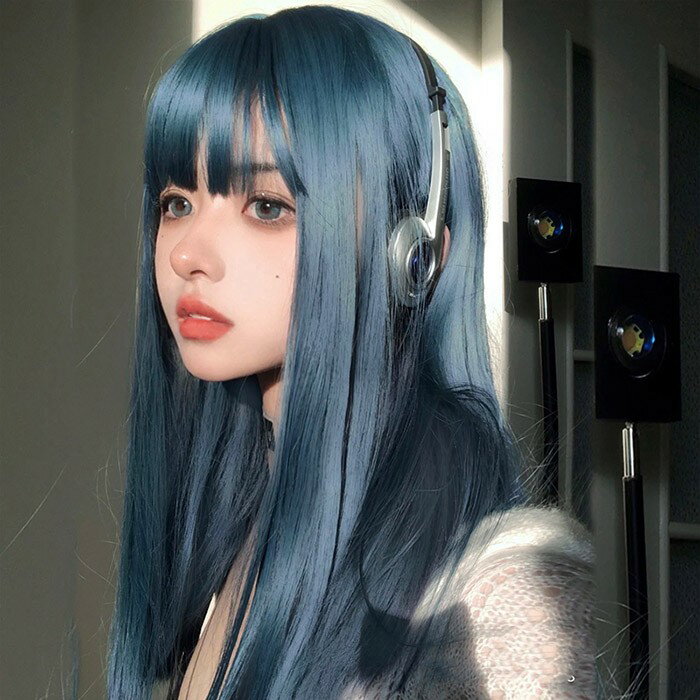 ウィッグ フルウィッグ 長髪 ブルー ロング ストレート ロングウィッグ ぱっつん前髪 前髪あり ハロウィン 原宿風 かつら コスプレ 可愛い コスチューム 仮...